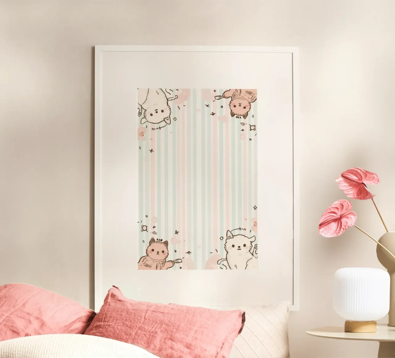 Gatti a cartoni animati su sfondo a righe poster con telaio in alluminio da DesignDoodle