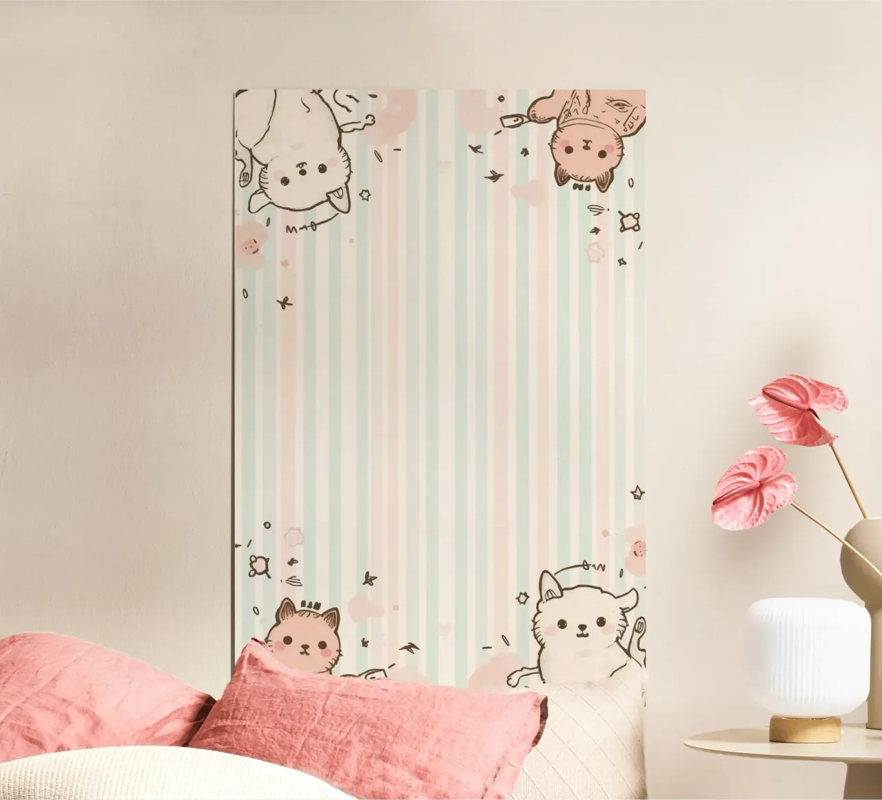 Gatti a cartoni animati su sfondo a righe poster con telaio in alluminio da DesignDoodle