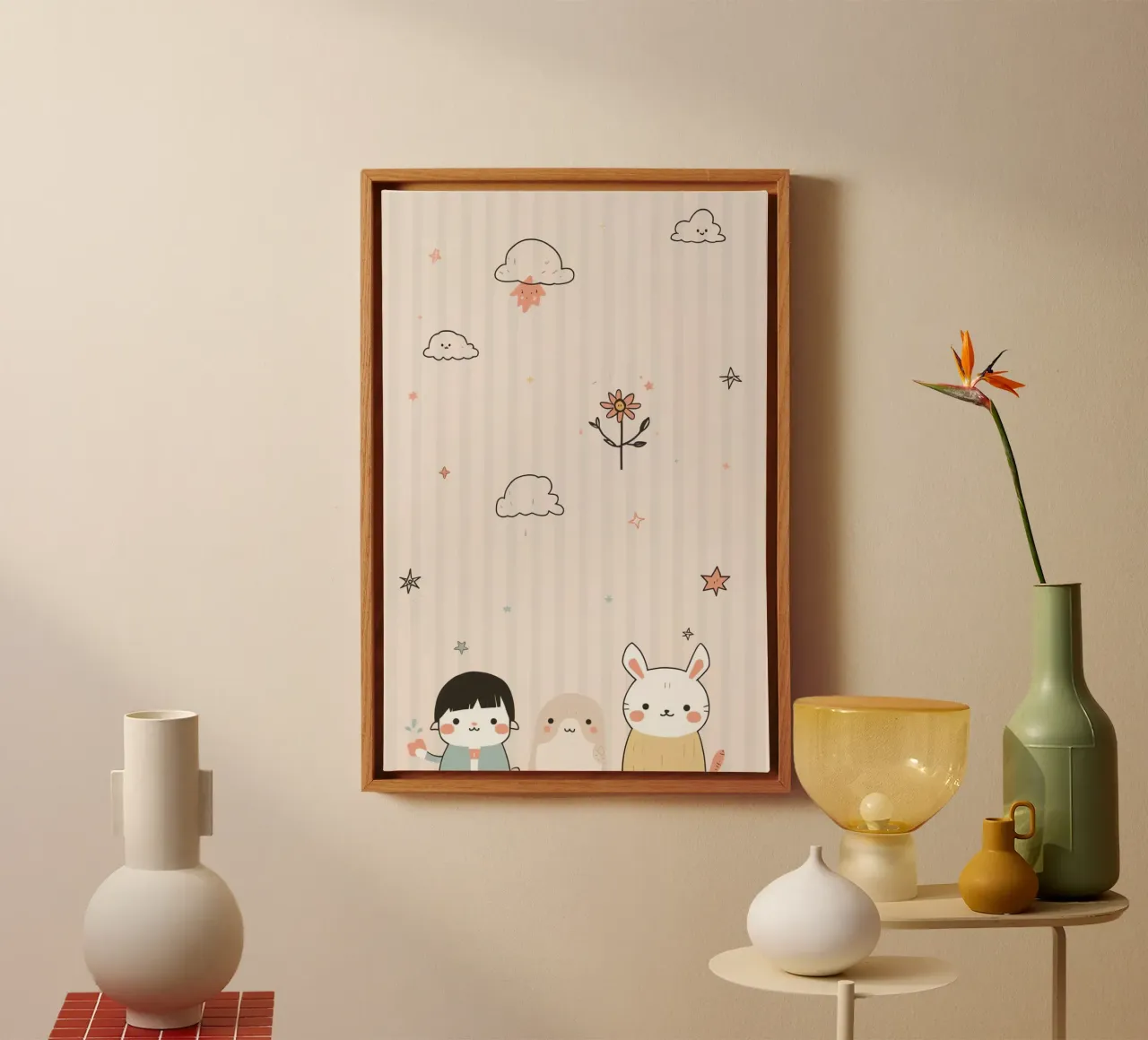 Lindo personaje de dibujos animados con fondo de rayas lienzo con Marco flotante de DesignDoodle