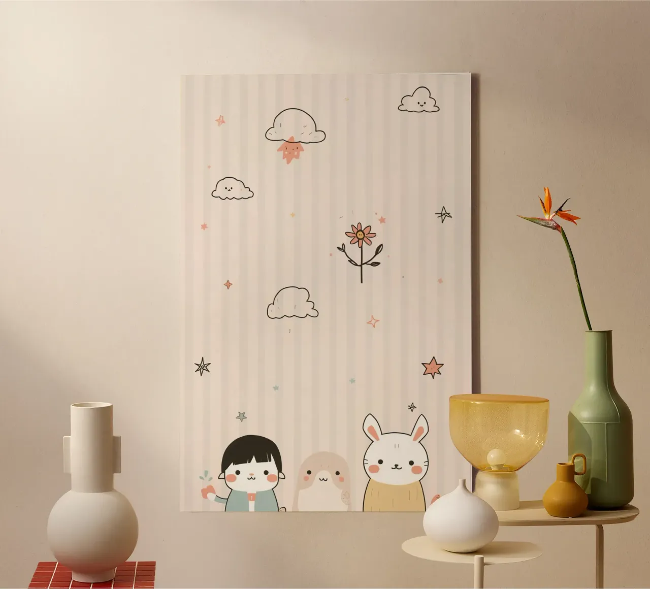 Lindo personaje de dibujos animados con fondo de rayas lienzo con Marco flotante de DesignDoodle