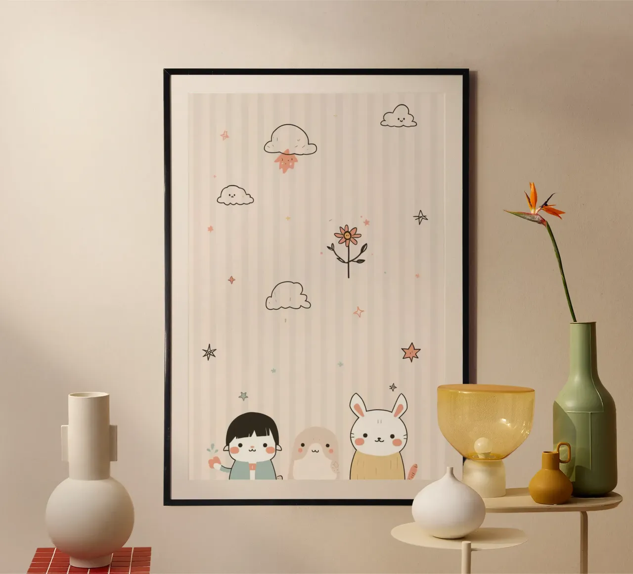Personaggio carino dei cartoni animati con sfondo a strisce poster da DesignDoodle