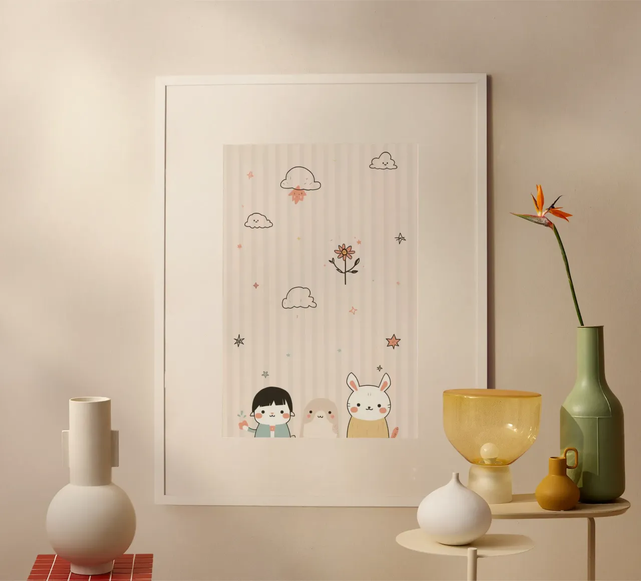 Personaggio carino dei cartoni animati con sfondo a strisce poster da DesignDoodle