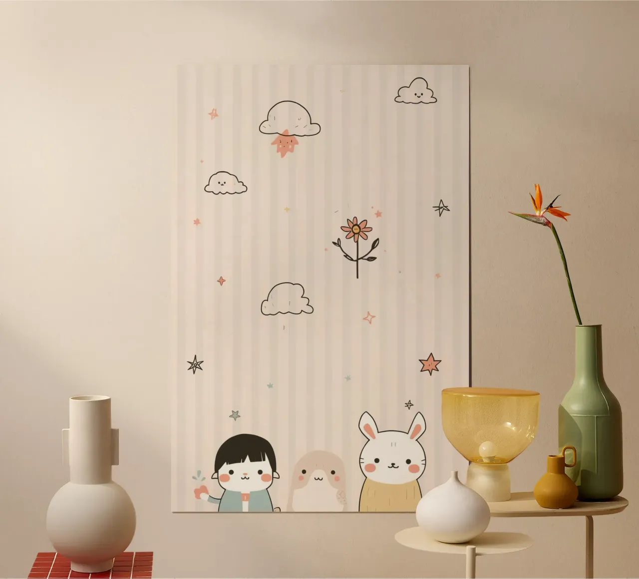 Personaggio carino dei cartoni animati con sfondo a strisce poster da DesignDoodle