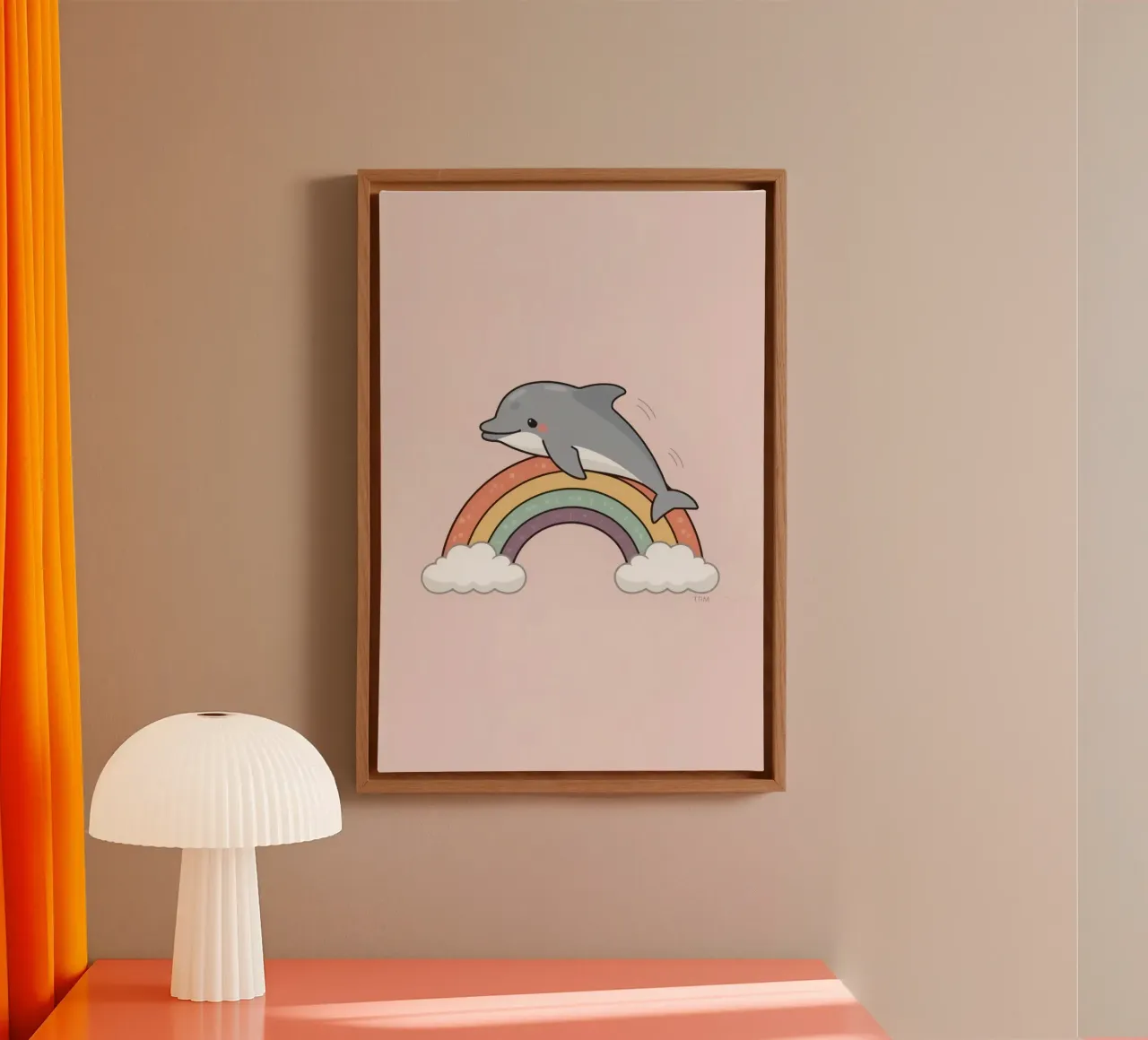 Lindo delfín de dibujos animados sobre el arco iris lienzo con Marco flotante de DesignDoodle