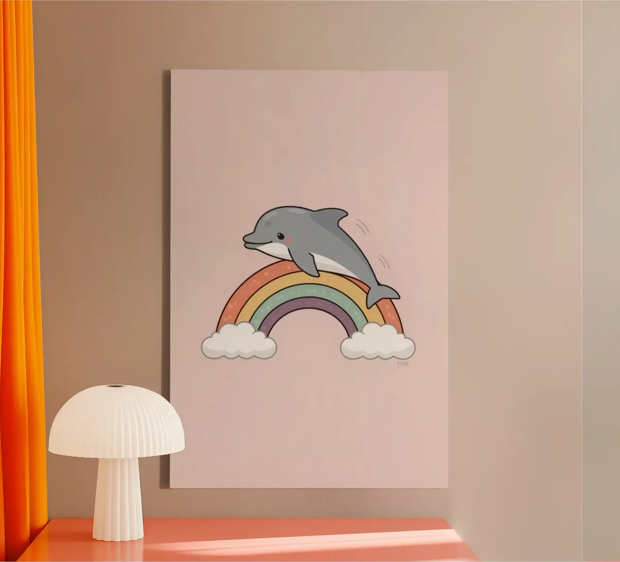 Lindo delfín de dibujos animados sobre el arco iris lienzo con Marco flotante de DesignDoodle