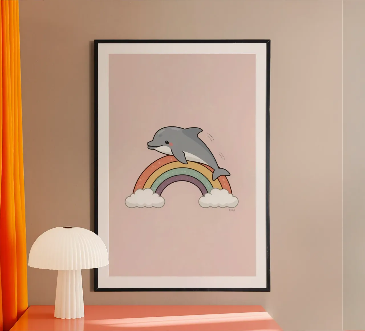 Carino il delfino dei cartoni animati sopra l'arcobaleno poster con telaio in alluminio da DesignDoodle