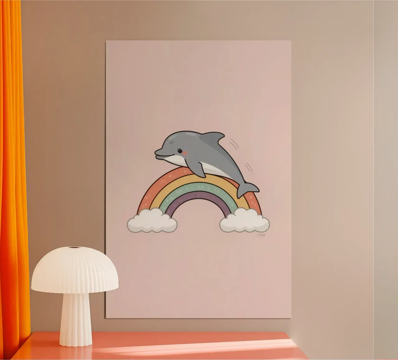 Carino il delfino dei cartoni animati sopra l'arcobaleno poster con telaio in alluminio da DesignDoodle