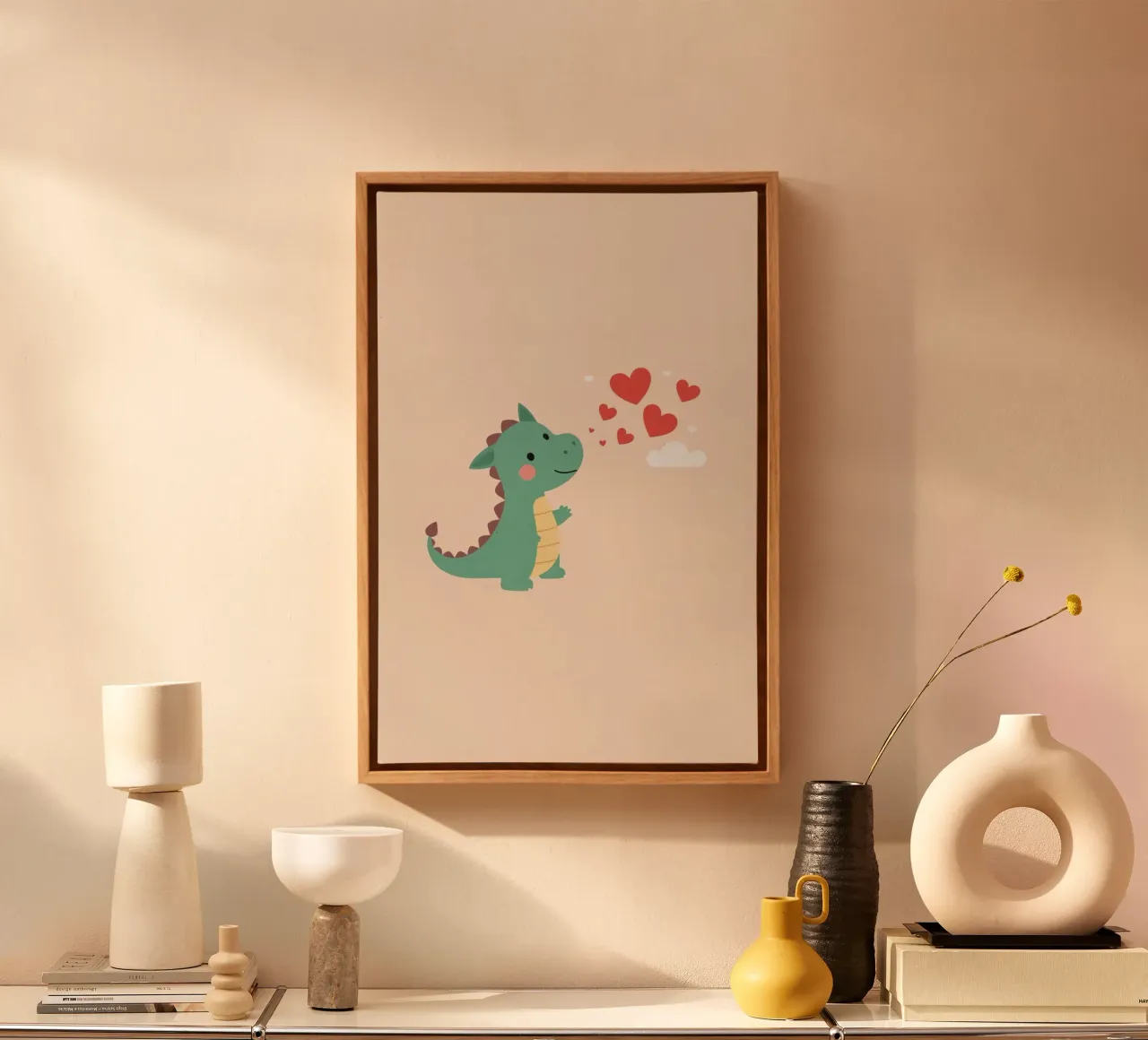Carino il drago dei cartoni animati della nursery con i cuori tela con Cornice a cassetta da DesignDoodle