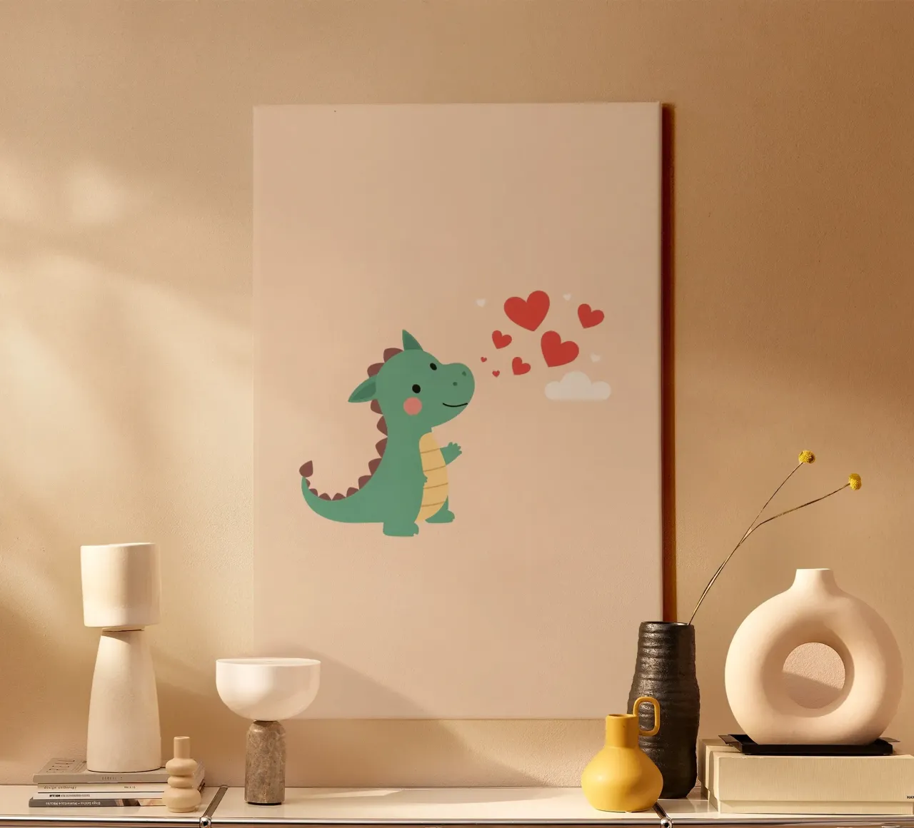 Carino il drago dei cartoni animati della nursery con i cuori tela con Cornice a cassetta da DesignDoodle