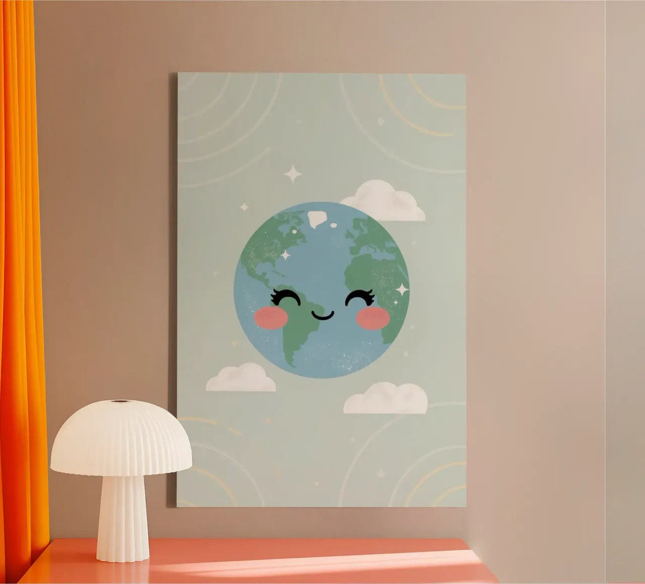 Schattig Cartoon Aarde met Gezicht Wolken Sterren en Bogen canvas met Baklijst van DesignDoodle