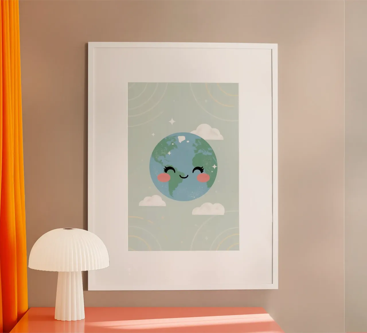 Carino il cartone animato della Terra con le stelle e gli archi del viso. poster con telaio in legno da DesignDoodle