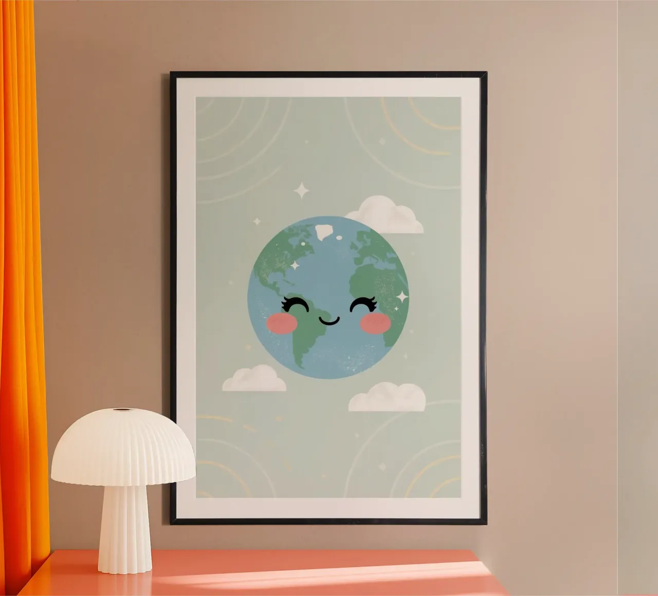 Carino il cartone animato della Terra con le stelle e gli archi del viso. poster con telaio in legno da DesignDoodle