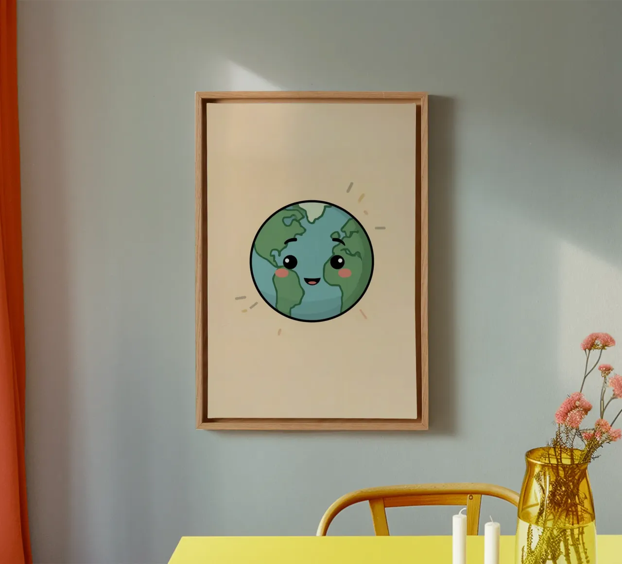 Cartoon Earth with Face on Peach Background canvas with Floater frame by DesignDoodle