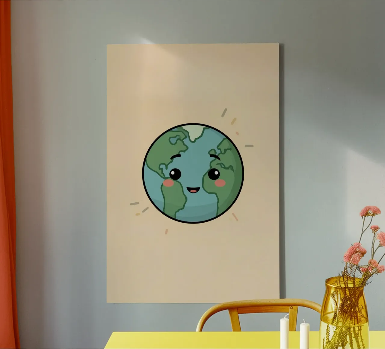 Cartoon Earth with Face on Peach Background canvas with Floater frame by DesignDoodle