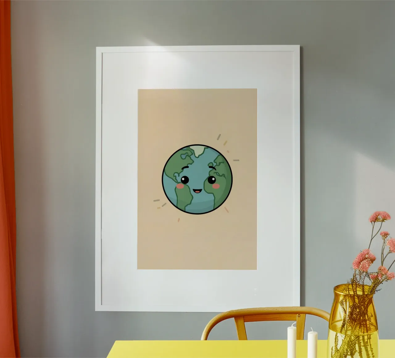 Cartone animato Terra con volto su sfondo di pesca poster con telaio in legno da DesignDoodle