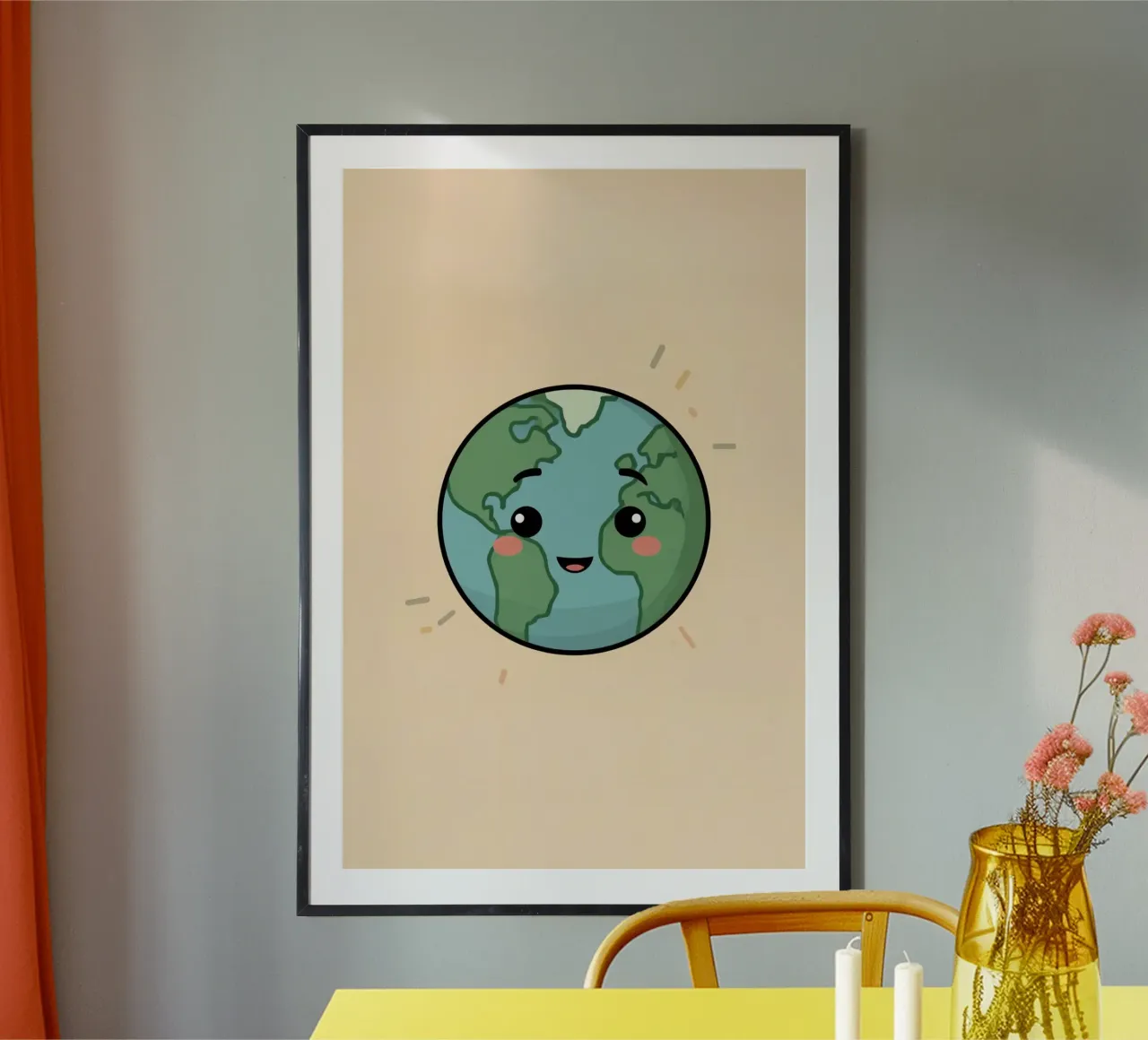 Cartone animato Terra con volto su sfondo di pesca poster con telaio in legno da DesignDoodle