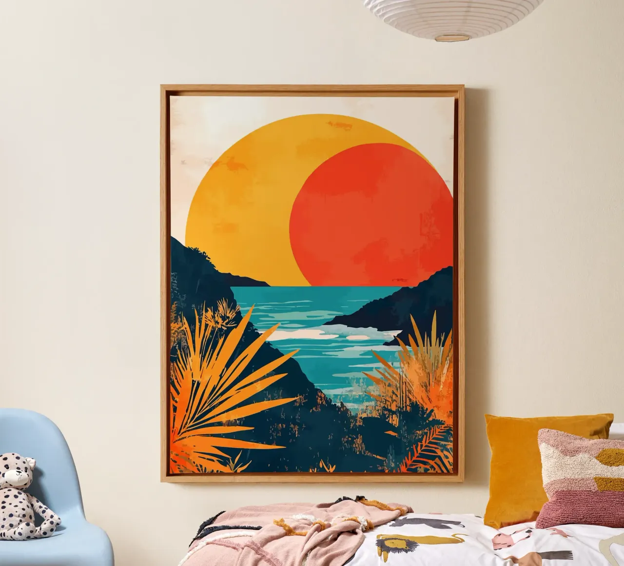 Sunrise over Ocean Minimalist Nature Art Digital Illustratio canvas with Floater frame by Leon B Feierabend