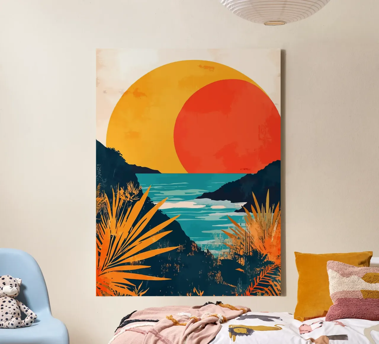 Sunrise over Ocean Minimalist Nature Art Digital Illustratio canvas with Floater frame by Leon B Feierabend