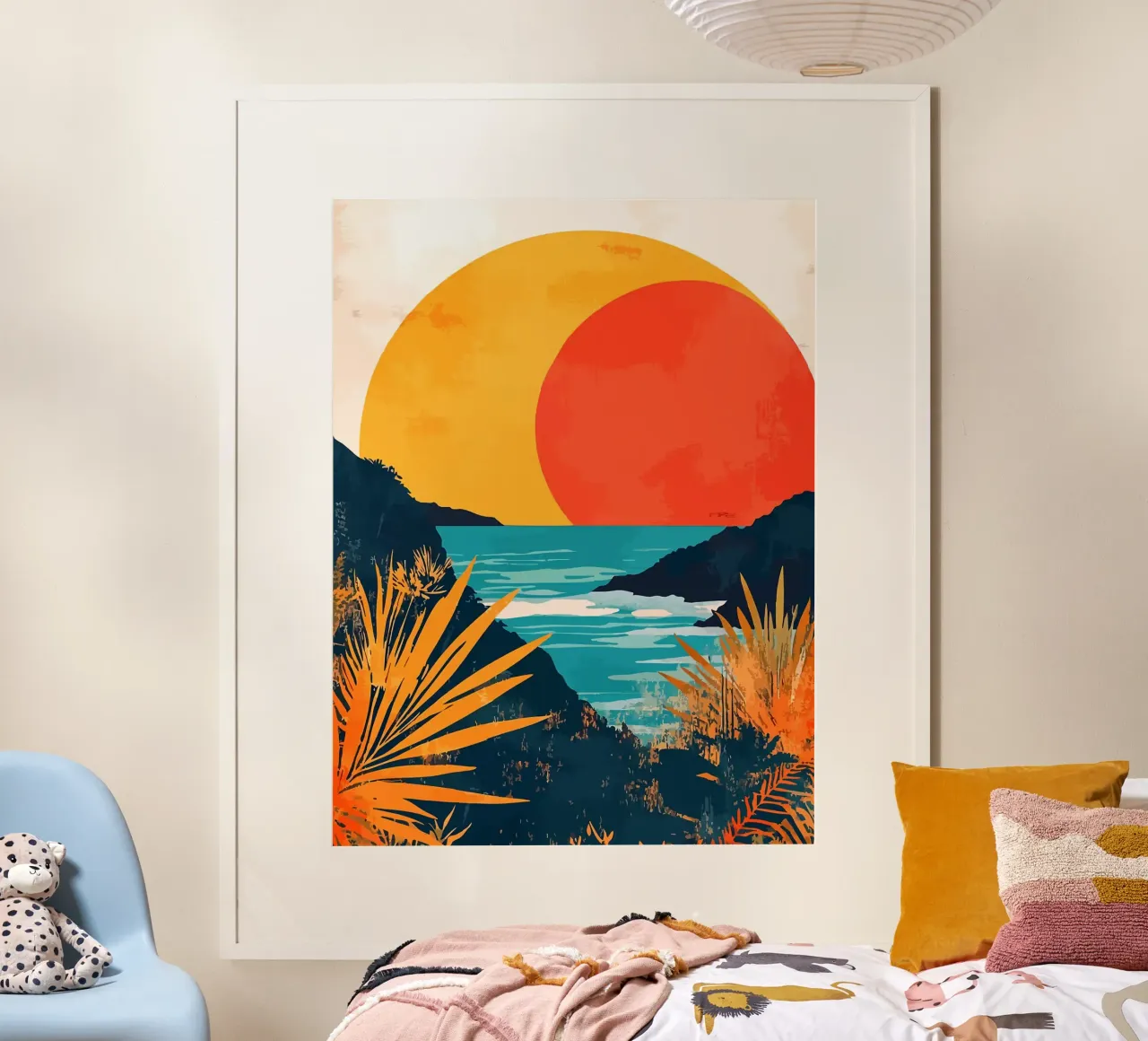 Alba sull'oceano Minimalista Natura Arte Illustrazione Digitale poster con telaio in legno da Leon B Feierabend