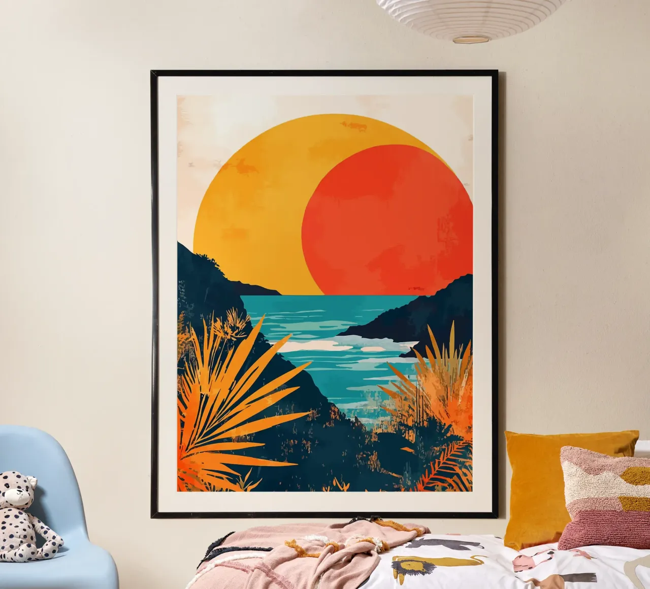 Alba sull'oceano Minimalista Natura Arte Illustrazione Digitale poster con telaio in legno da Leon B Feierabend