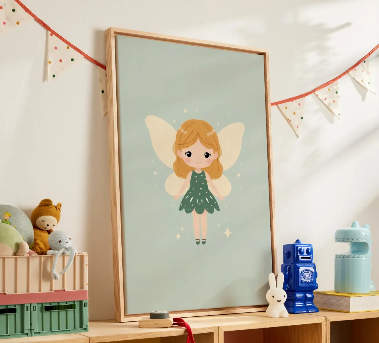 Fata dei cartoni animati con vestito verde tela con Cornice a cassetta da DesignDoodle