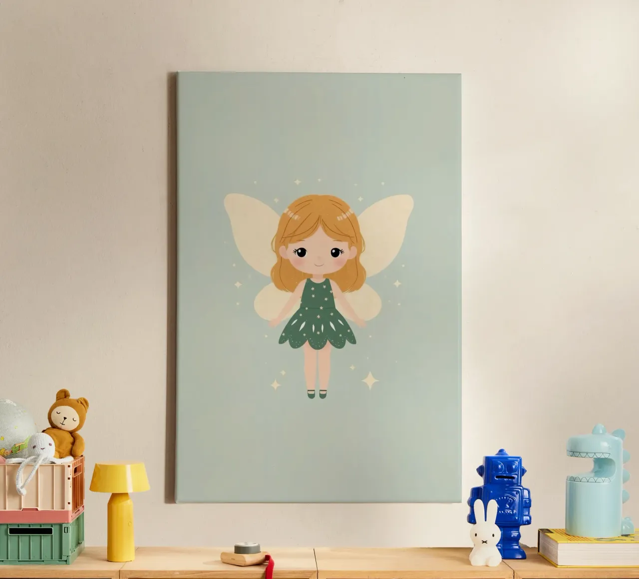 Fata dei cartoni animati con vestito verde tela con Cornice a cassetta da DesignDoodle