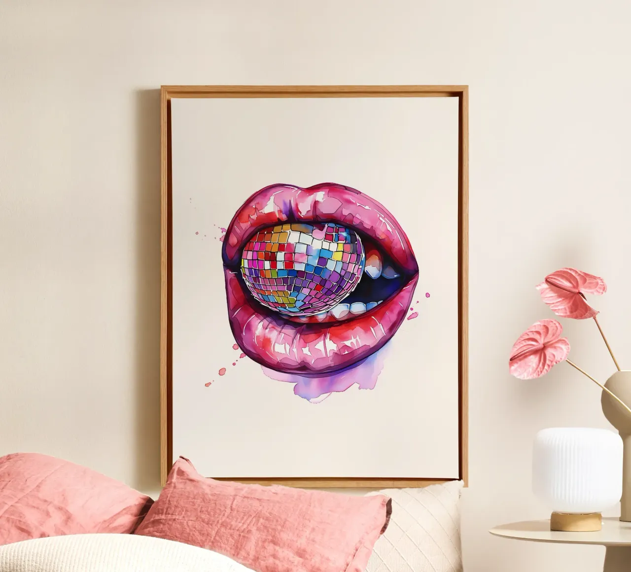 Disco Bal Lippen Aquarel canvas met Baklijst van Leonard R Sadler