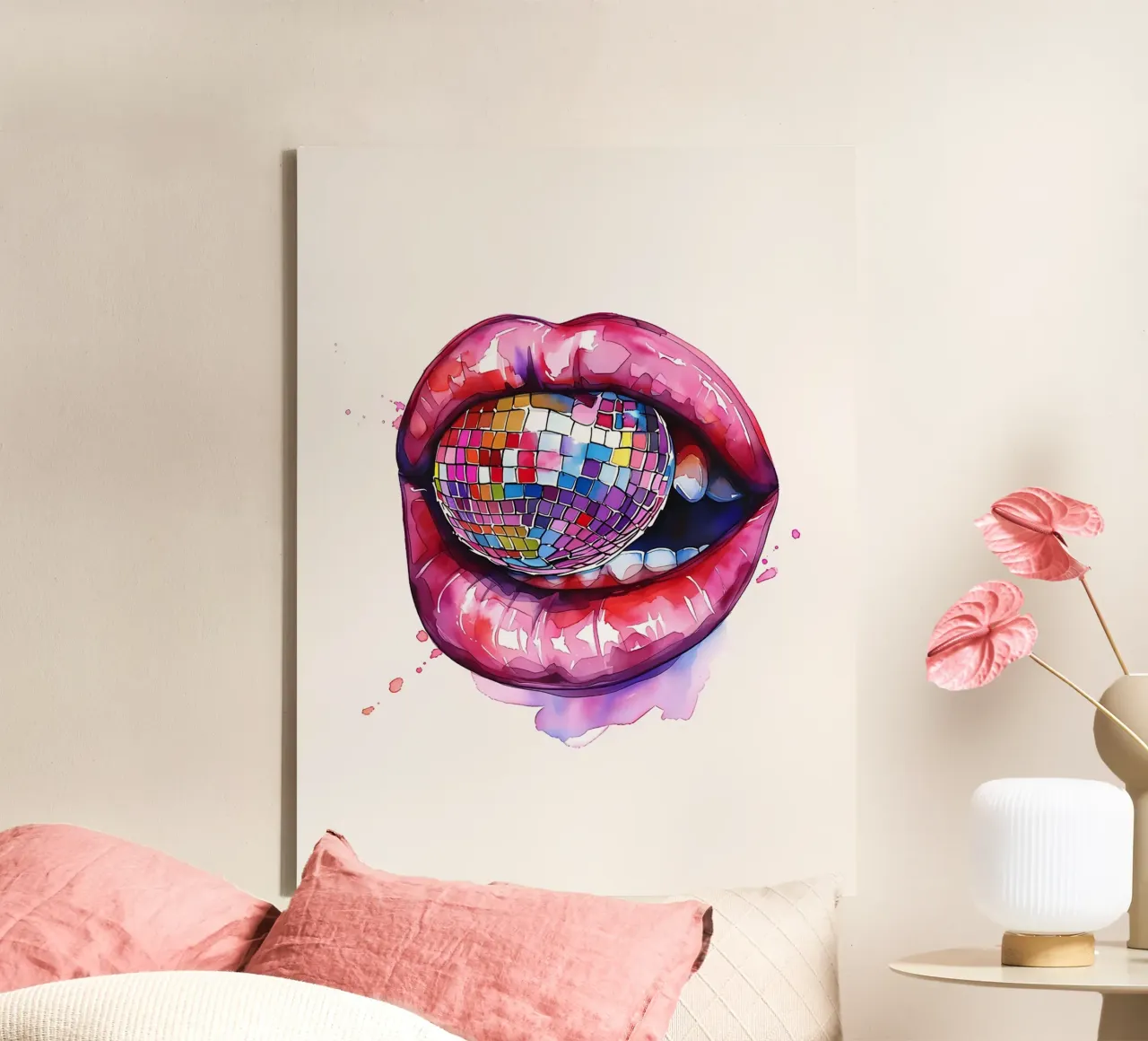 Disco Bal Lippen Aquarel canvas met Baklijst van Leonard R Sadler