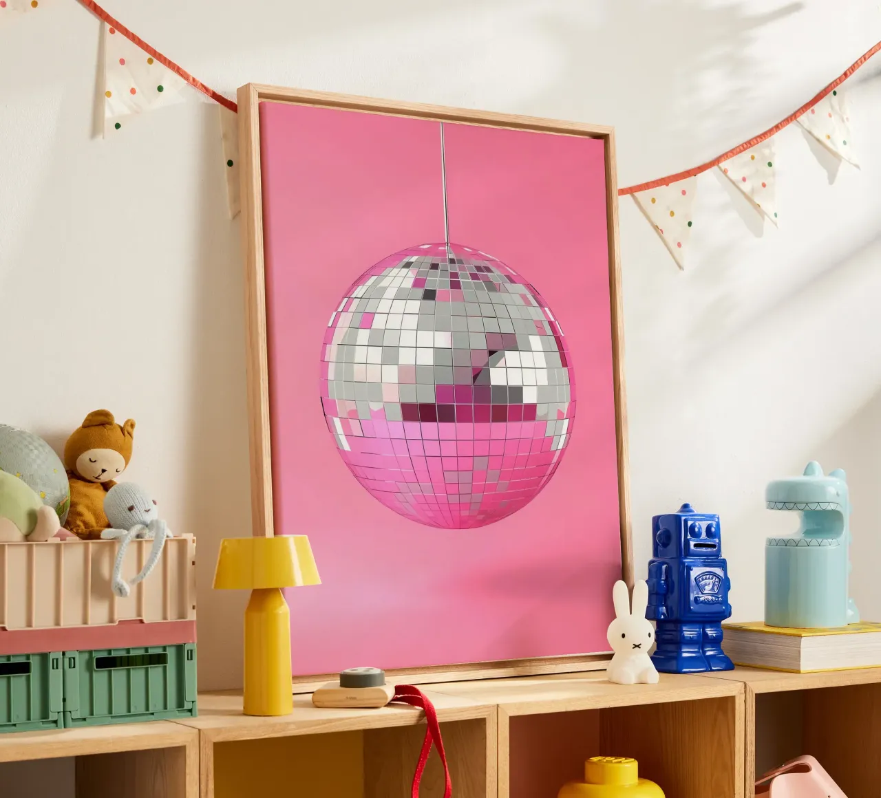 Roze discobal canvas met Baklijst van Leonard R Sadler