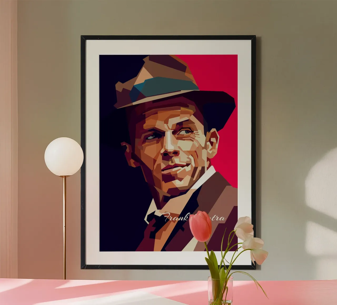 Frank Sinatra, cantante pop classico, ritratto retrò poster con telaio in legno da Artkreator