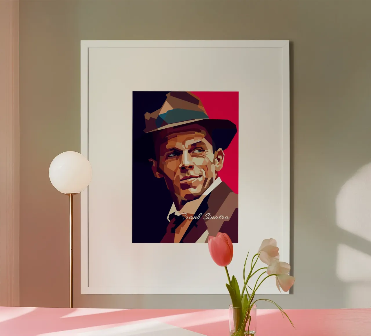 Frank Sinatra, cantante pop classico, ritratto retrò poster con telaio in legno da Artkreator