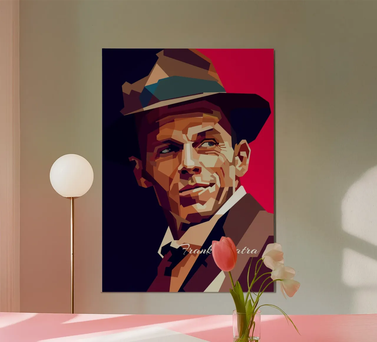 Frank Sinatra, cantante pop classico, ritratto retrò poster con telaio in legno da Artkreator