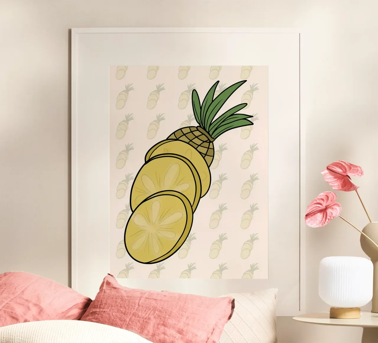 Ananas a fette Illustrazione cartone animato poster con telaio in legno da Amanda Studio