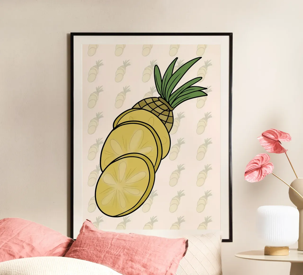 Ananas a fette Illustrazione cartone animato poster con telaio in legno da Amanda Studio