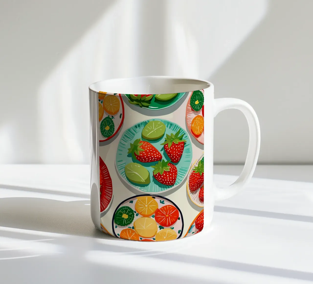 Illustrazione di piatti di frutta colorati tazza in ceramica da Amanda Studio