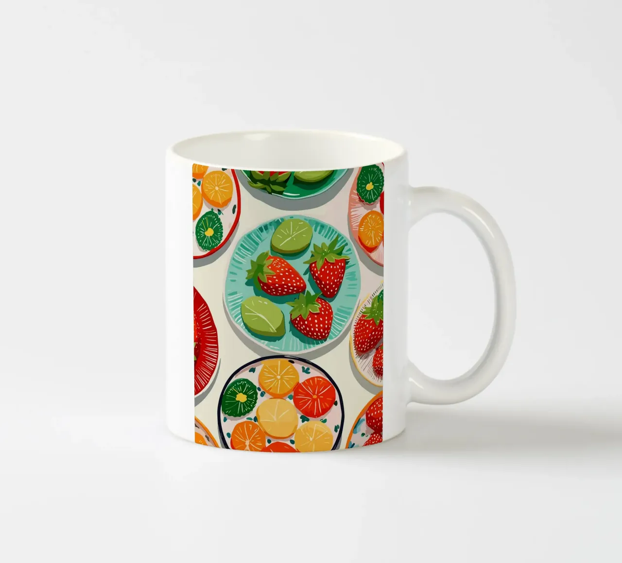 Illustrazione di piatti di frutta colorati tazza in ceramica da Amanda Studio