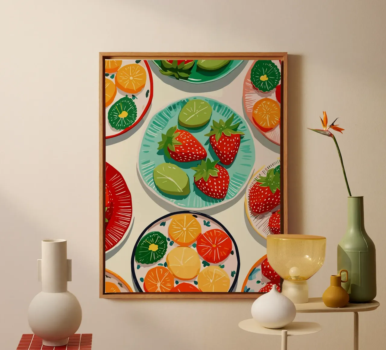 Illustrazione di piatti di frutta colorati tela con Cornice a cassetta da Amanda Studio