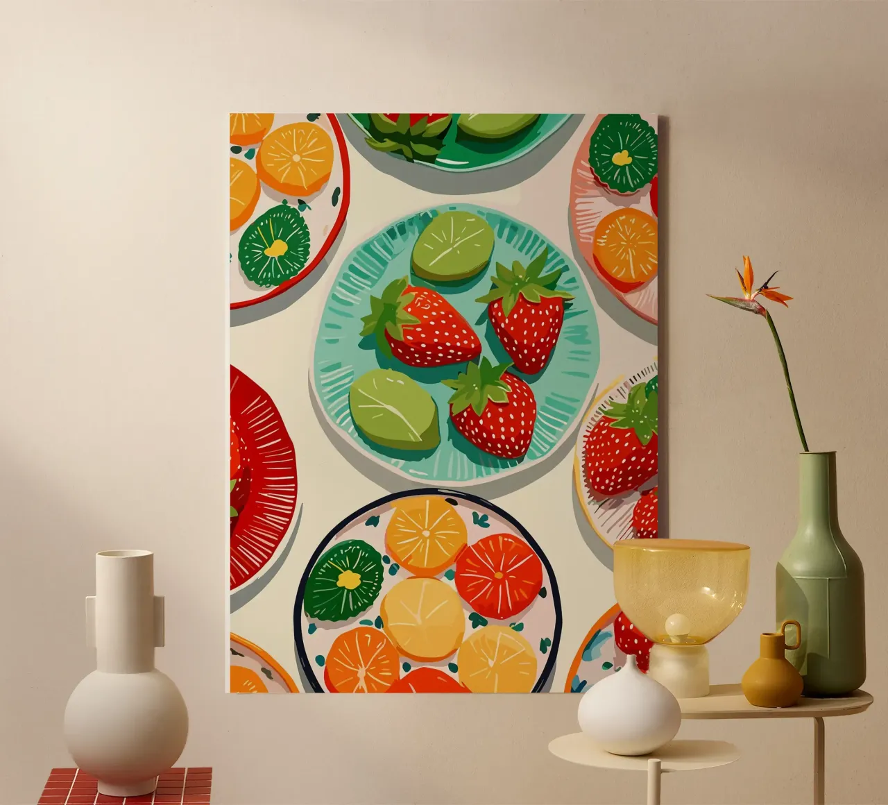 Illustrazione di piatti di frutta colorati tela con Cornice a cassetta da Amanda Studio