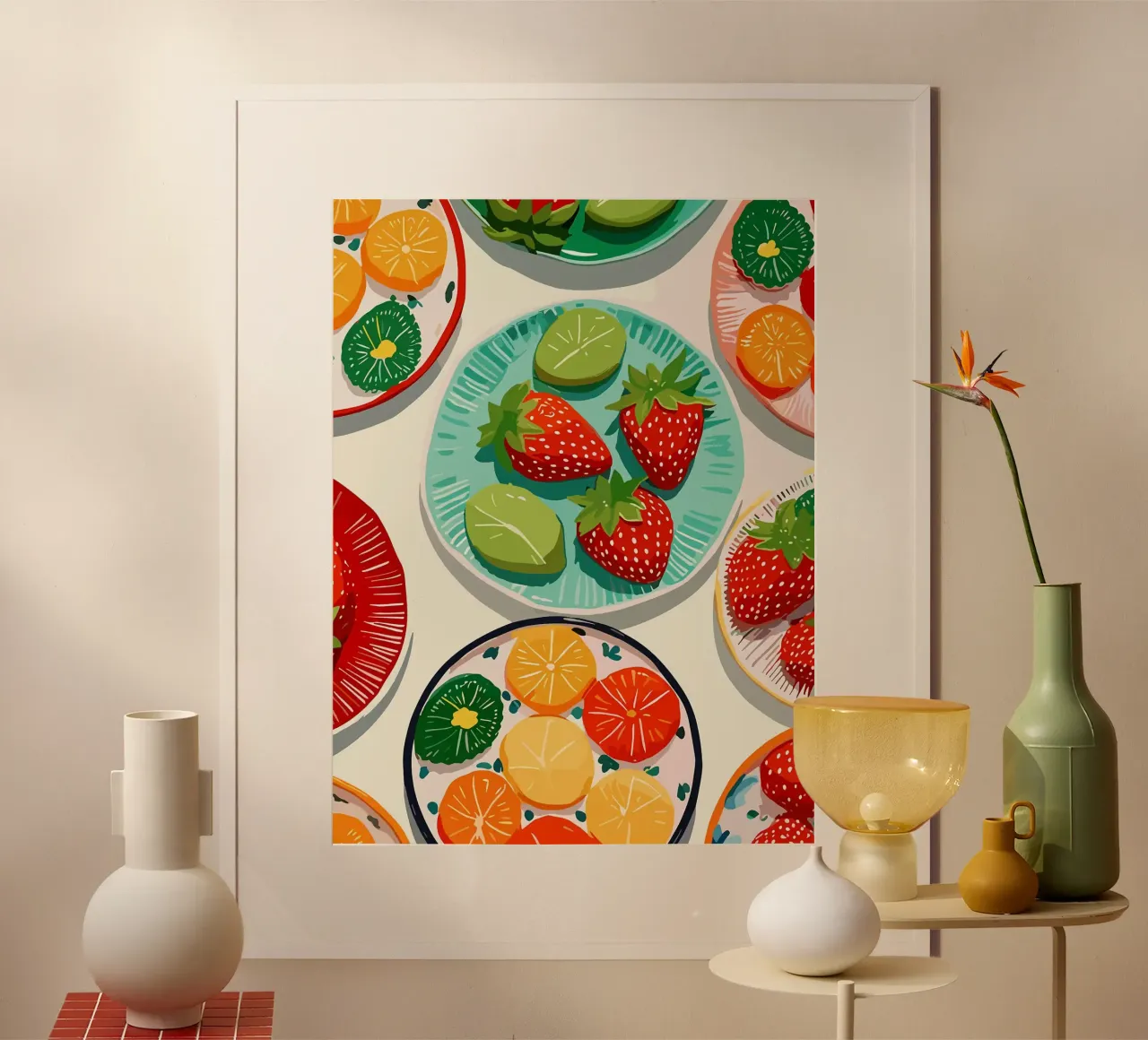 Illustrazione di piatti di frutta colorati poster con telaio in plastica da Amanda Studio