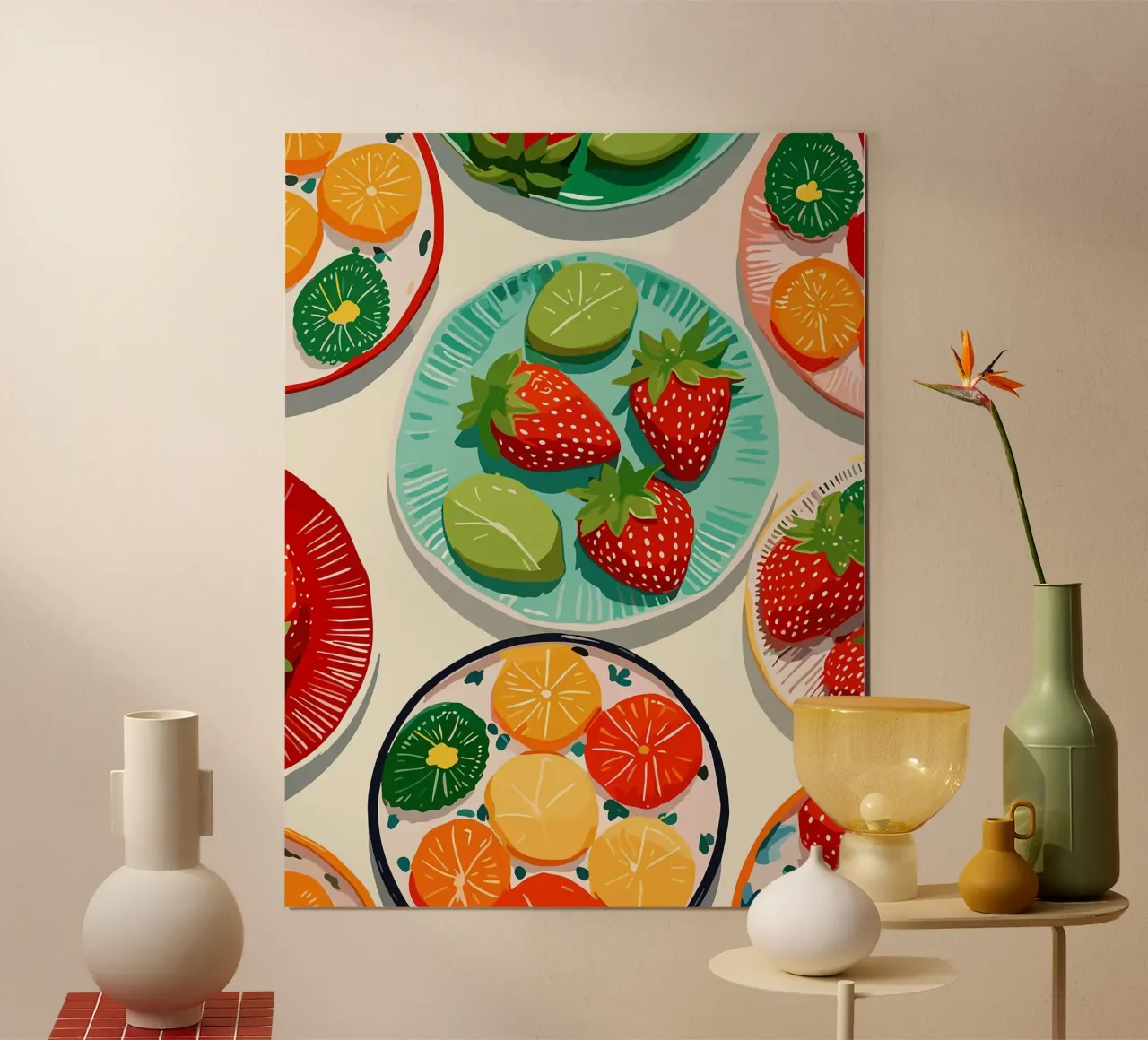 Illustrazione di piatti di frutta colorati poster con telaio in plastica da Amanda Studio