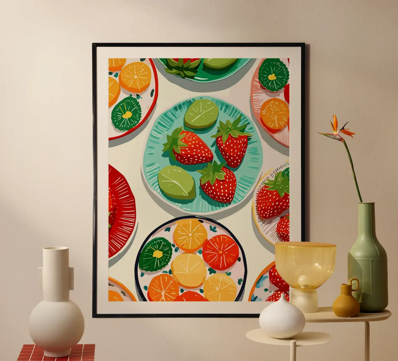 Illustrazione di piatti di frutta colorati poster con telaio in plastica da Amanda Studio