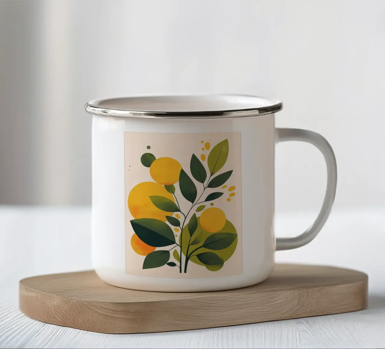 Abstracte botanische illustratie met gele cirkels emaille mok van Amanda Studio