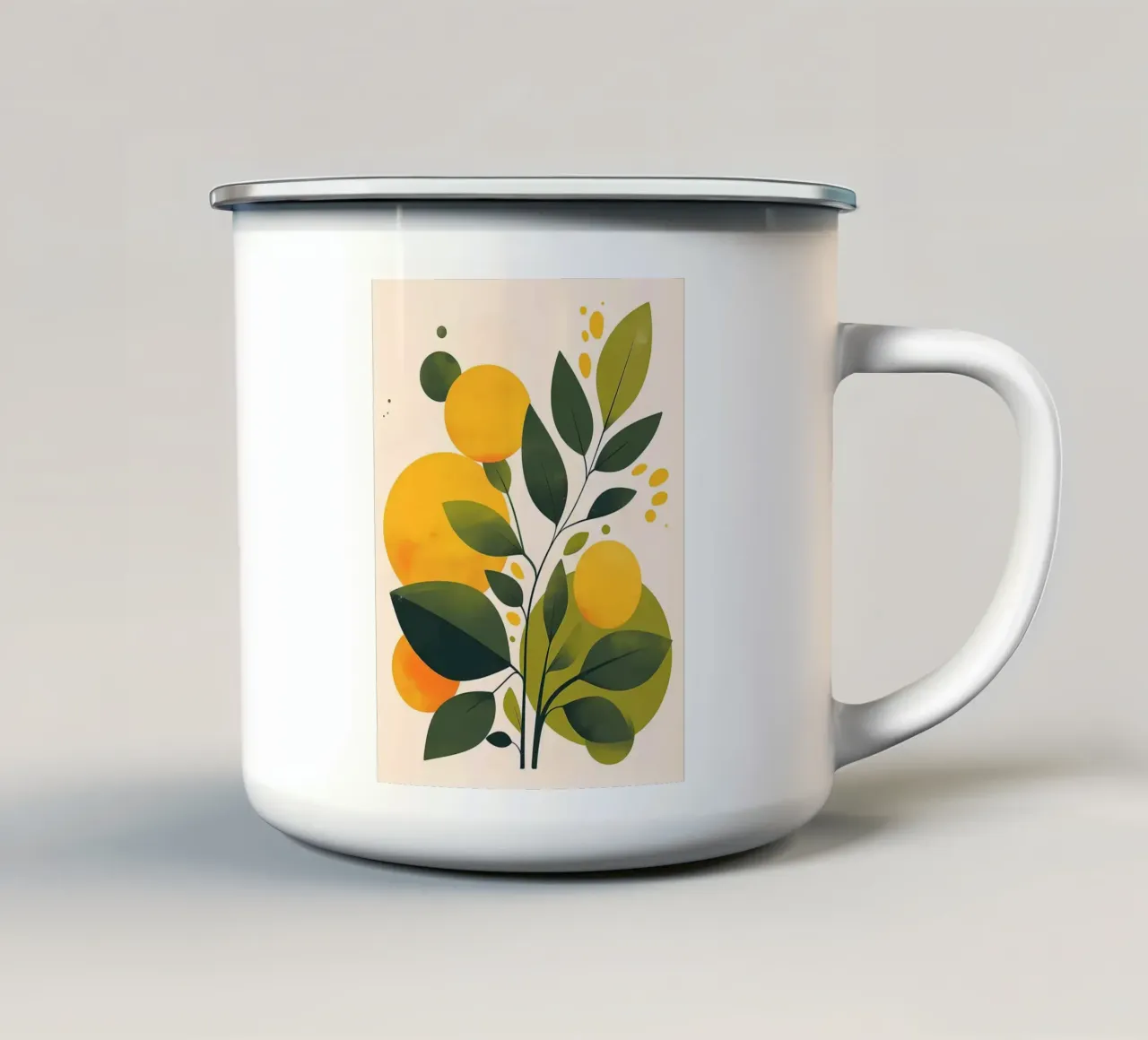 Abstracte botanische illustratie met gele cirkels emaille mok van Amanda Studio