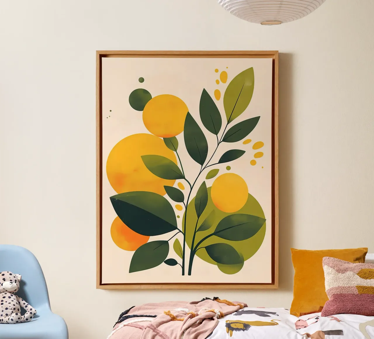 Abstract Botanical Illustration with Yellow Circles canvas with Floater frame by Amanda Studio