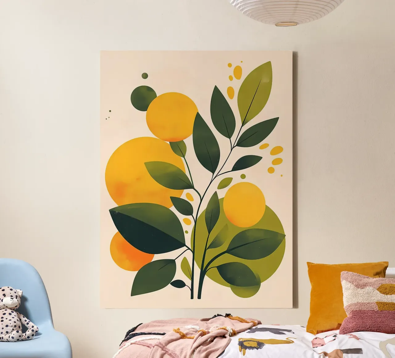 Abstract Botanical Illustration with Yellow Circles canvas with Floater frame by Amanda Studio