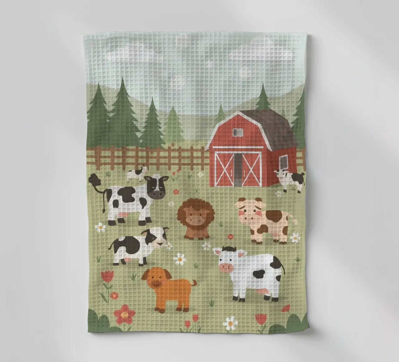Animaux de ferme mignons dans un champ avec une grange torchon de DesignDoodle