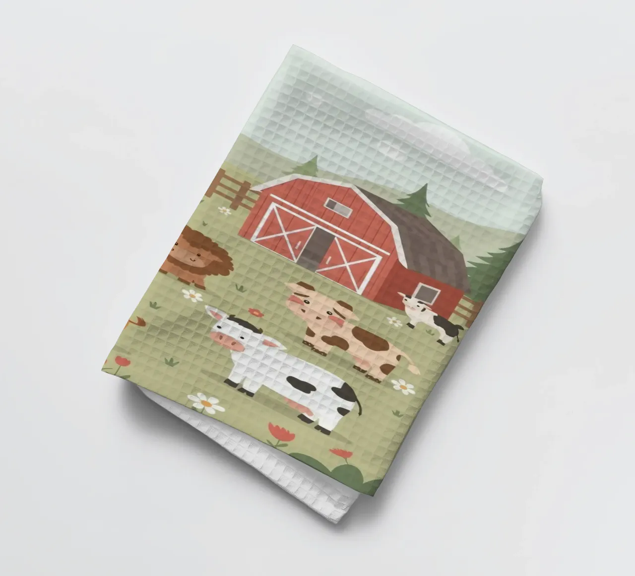 Animaux de ferme mignons dans un champ avec une grange torchon de DesignDoodle