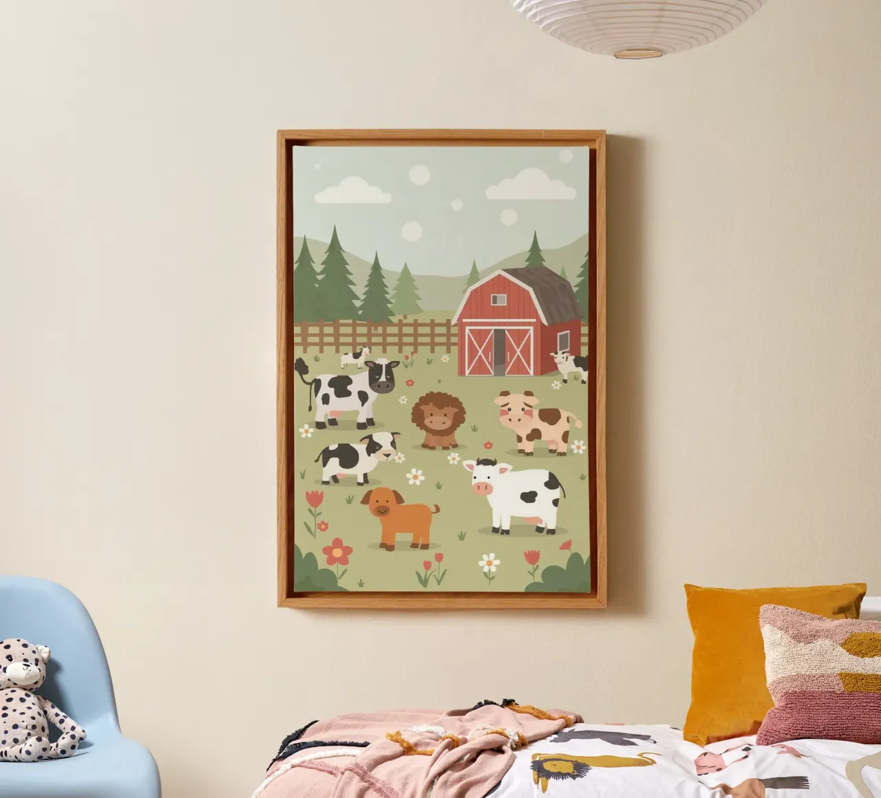 Cute Cartoon Farm Animals in Field with Barn canvas with Floater frame by DesignDoodle