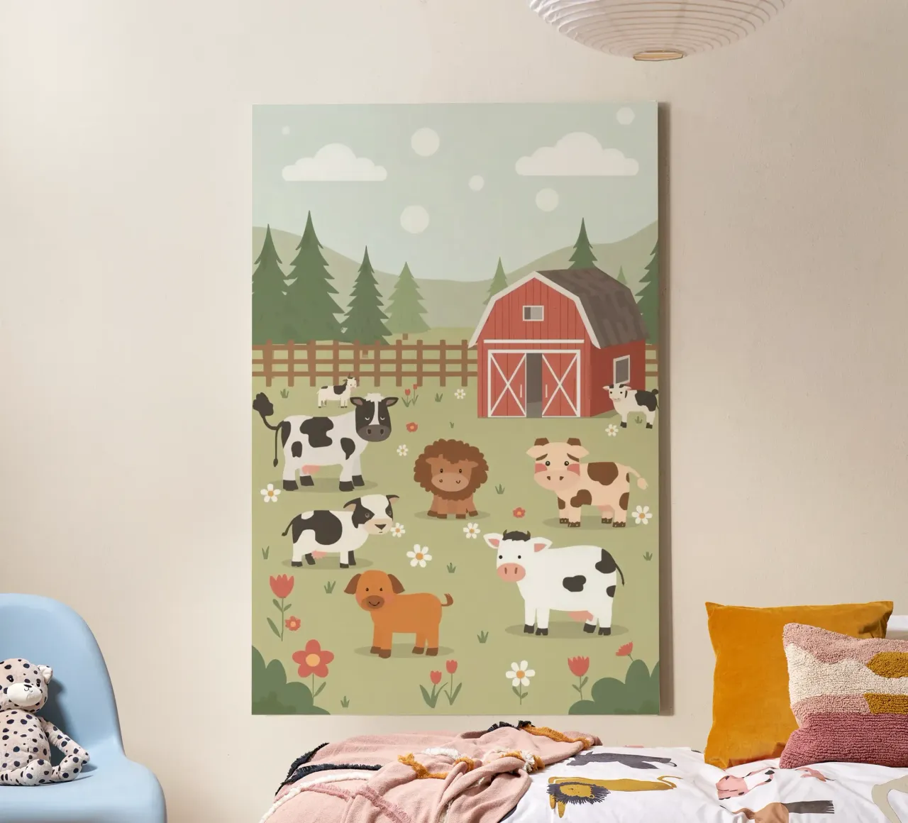 Cute Cartoon Farm Animals in Field with Barn canvas with Floater frame by DesignDoodle