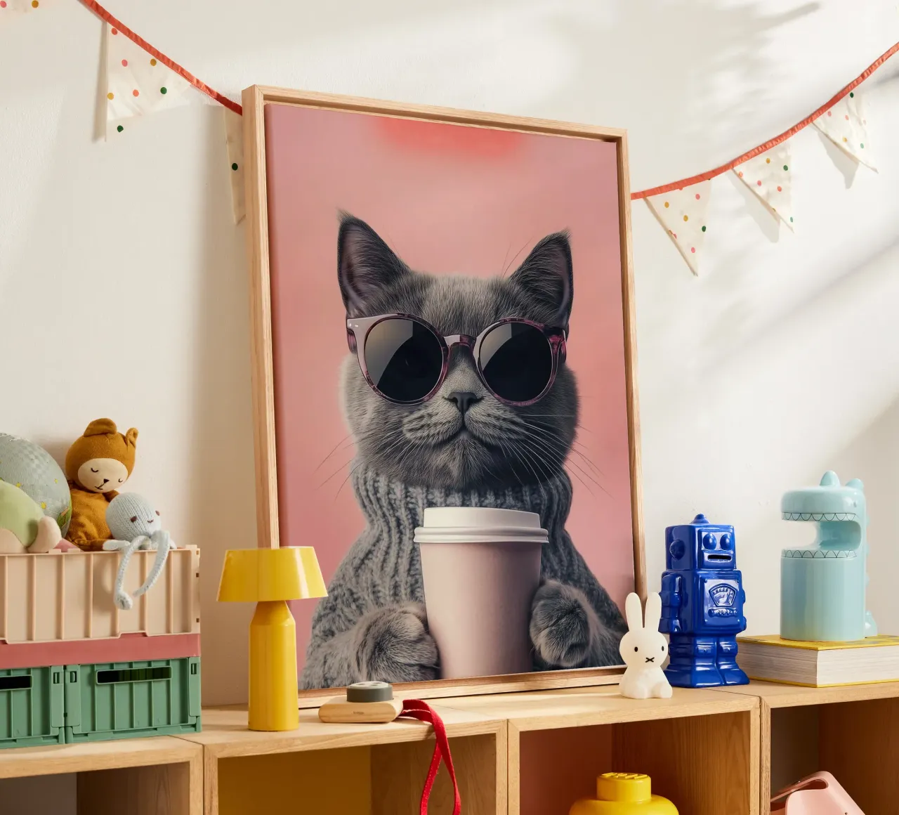 cat cool with coffee lienzo con Marco flotante de sunity